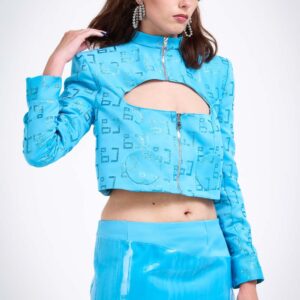 Veste zippée en denim à découpe avec motif logo marque pailleté - bleu turquoise