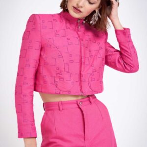 Veste zipée en denim à motif logo en strass - rose