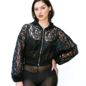 Sweat à capuche zippé en dentelle noire