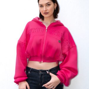 Sweat à capuche rose zippé avec franges de perles