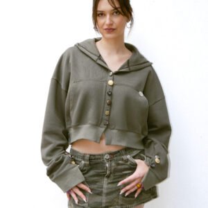 Sweat à capuche kaki à boutons